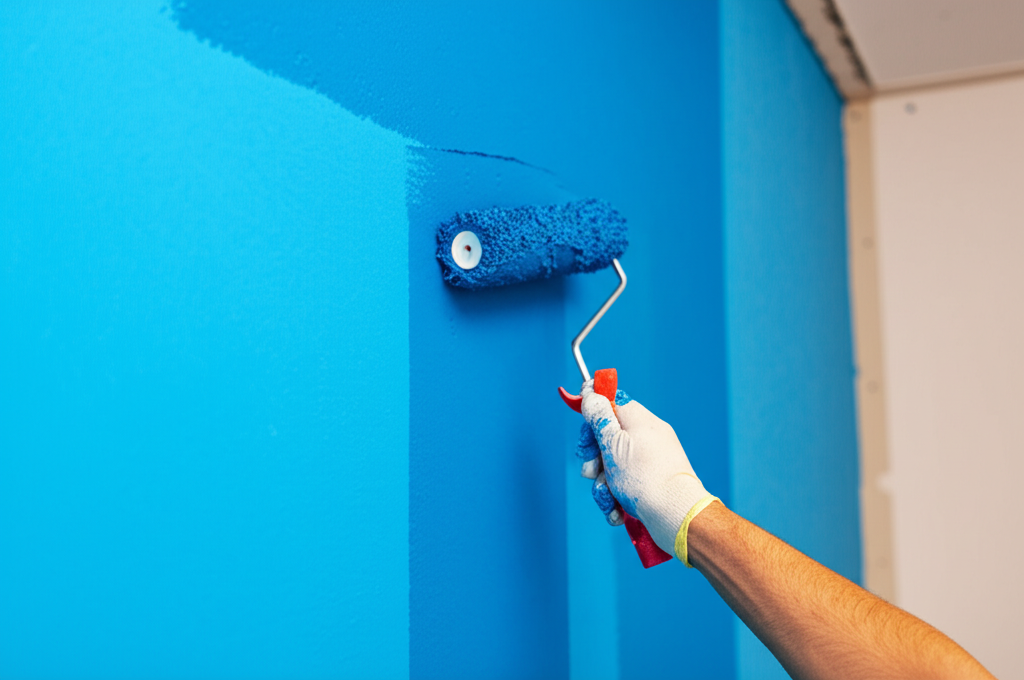 Worker painting finished drywall