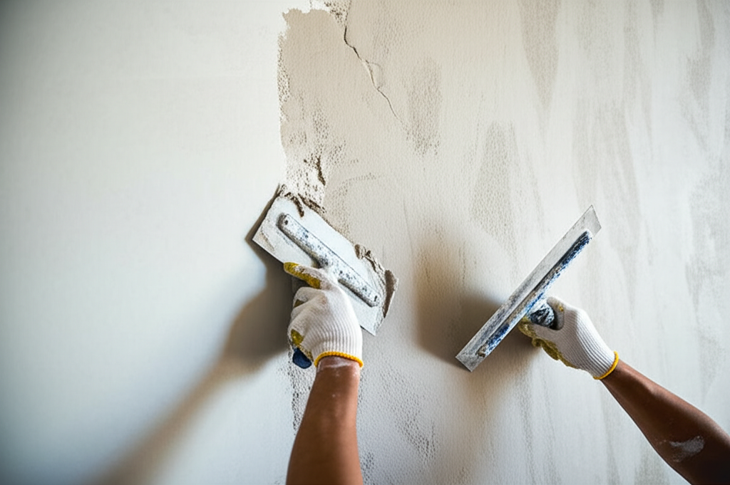 Worker applying texture to wall