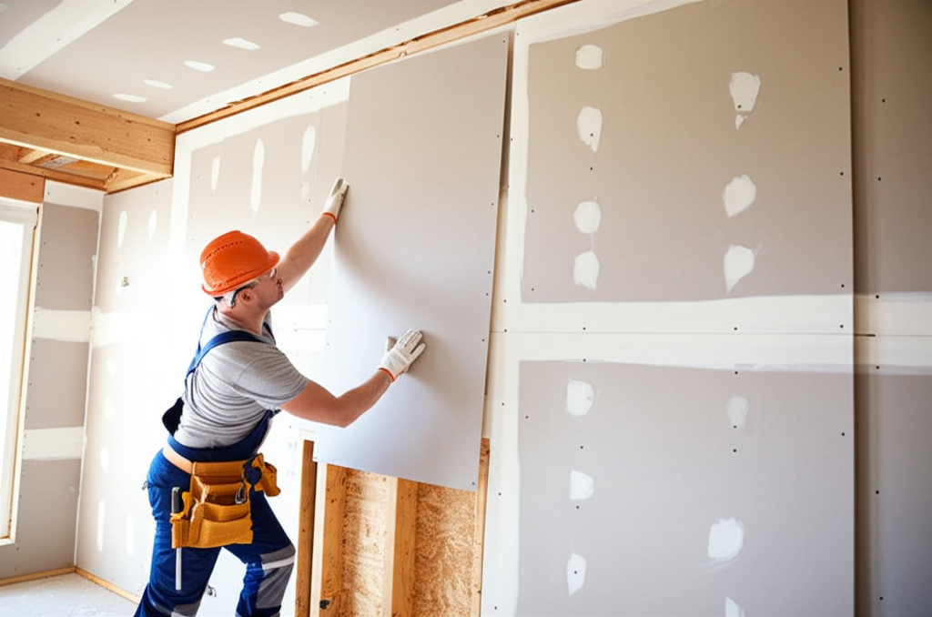 Worker installing new drywall