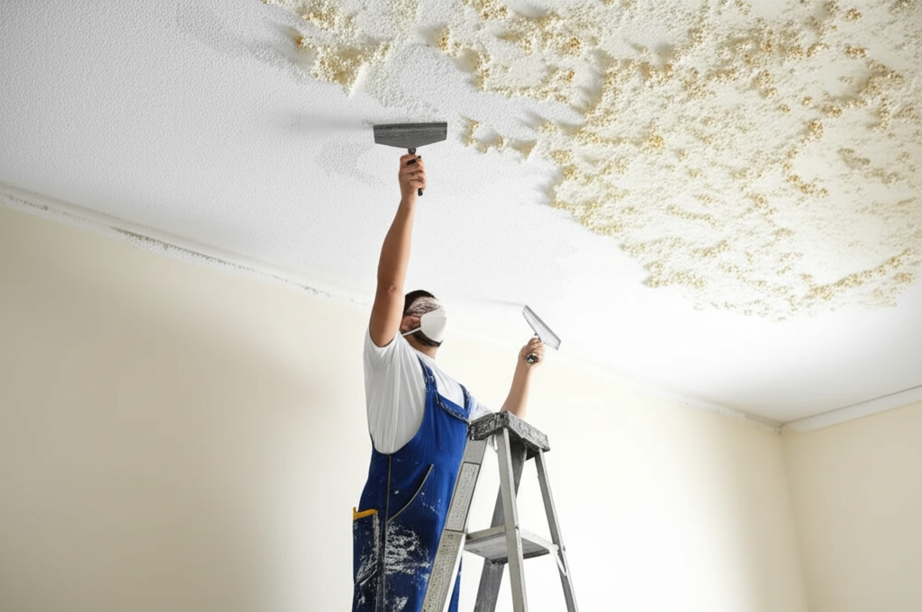 Worker removing popcorn ceiling