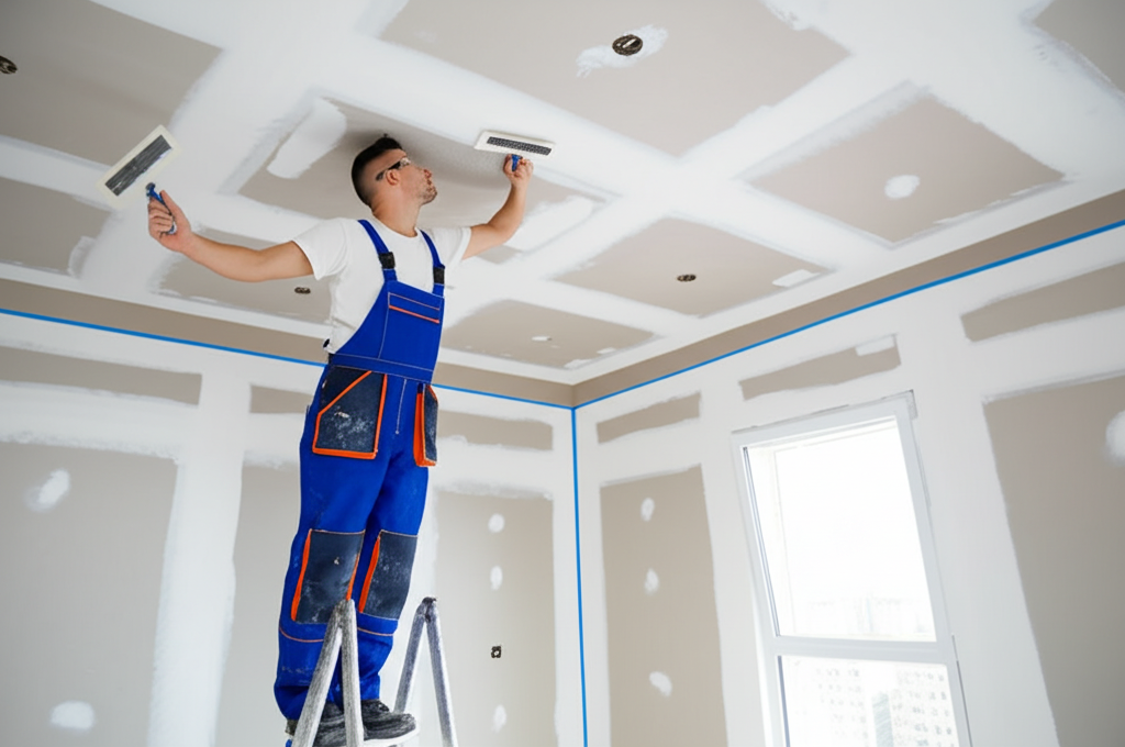 Worker repairing ceiling